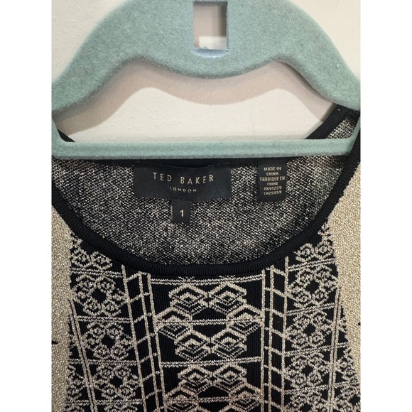 Ted Baker Jenkins Dress Black Gold Fit and Flare Sz 2 - Picture 6 of 7